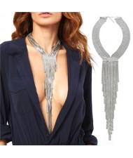 Long Alloy Tassel Chunky Style High Fashion Women Statement Necklace - Silver