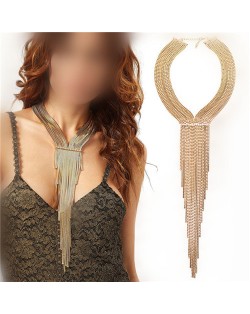 Long Alloy Tassel Chunky Style High Fashion Women Statement Necklace - Golden