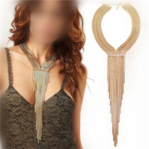 Long Alloy Tassel Chunky Style High Fashion Women Statement Necklace - Golden