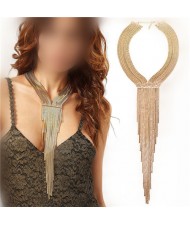 Long Alloy Tassel Chunky Style High Fashion Women Statement Necklace - Golden