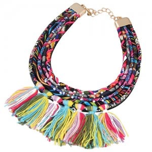 Multicolor High Fashion Cotton Threads Tassel Chunky Short Costume Necklace