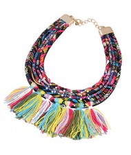 Multicolor High Fashion Cotton Threads Tassel Chunky Short Costume Necklace