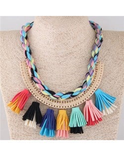 Multicolor Cotton Threads Weaving with Tassels Design Short Fashion Women Statement Necklace
