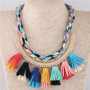 Multicolor Cotton Threads Weaving with Tassels Design Short Fashion Women Statement Necklace