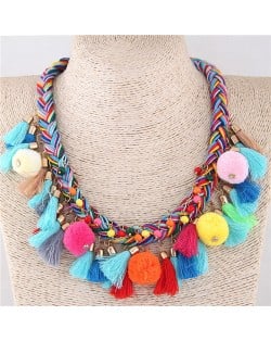 Fluffy Balls and Tassel Decorated Cotton Threads Weaving Fashion Statement Necklace - Multicolor