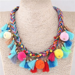 Fluffy Balls and Tassel Decorated Cotton Threads Weaving Fashion Statement Necklace - Multicolor
