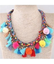 Fluffy Balls and Tassel Decorated Cotton Threads Weaving Fashion Statement Necklace - Multicolor