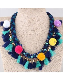Fluffy Balls and Tassel Decorated Cotton Threads Weaving Fashion Statement Necklace - Blue