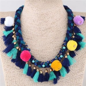 Fluffy Balls and Tassel Decorated Cotton Threads Weaving Fashion Statement Necklace - Blue
