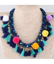 Fluffy Balls and Tassel Decorated Cotton Threads Weaving Fashion Statement Necklace - Blue