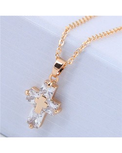 Delicate Copper and Cubic Zirconia Glistening Cross Pendant Fashion Costume Necklace - Golden
