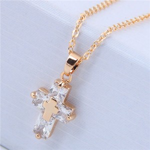 Delicate Copper and Cubic Zirconia Glistening Cross Pendant Fashion Costume Necklace - Golden