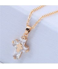 Delicate Copper and Cubic Zirconia Glistening Cross Pendant Fashion Costume Necklace - Golden