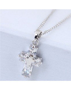 Delicate Copper and Cubic Zirconia Glistening Cross Pendant Fashion Costume Necklace - Silver