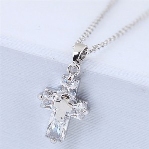 Delicate Copper and Cubic Zirconia Glistening Cross Pendant Fashion Costume Necklace - Silver