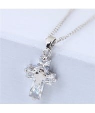 Delicate Copper and Cubic Zirconia Glistening Cross Pendant Fashion Costume Necklace - Silver