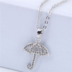 Korean Fashion Cubic Zirconia Inlaid Copper Umbrella Pendant Long Chain Costume Necklace - Silver