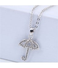 Korean Fashion Cubic Zirconia Inlaid Copper Umbrella Pendant Long Chain Costume Necklace - Silver