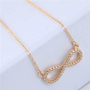 Korean Fashion Cubic Zirconia Inlaid Copper Infinite Symbol Pendant Long Chain Necklace - Golden