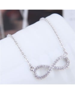 Korean Fashion Cubic Zirconia Inlaid Copper Infinite Symbol Pendant Long Chain Necklace - Silver