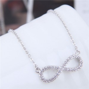Korean Fashion Cubic Zirconia Inlaid Copper Infinite Symbol Pendant Long Chain Necklace - Silver