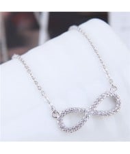 Korean Fashion Cubic Zirconia Inlaid Copper Infinite Symbol Pendant Long Chain Necklace - Silver