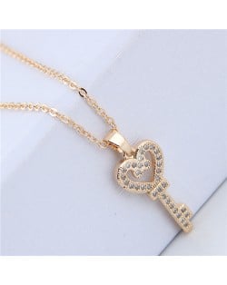 Cubic Zirconia Inlaid Golden Heart Key Pendant Long Chain Fashion Necklace