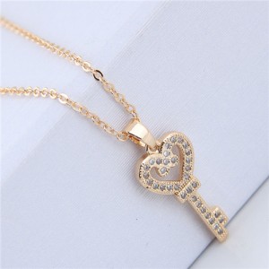 Cubic Zirconia Inlaid Golden Heart Key Pendant Long Chain Fashion Necklace