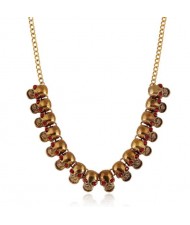 Rhinestone Inlaid Skulls Punk High Fashion Golden Costume Necklace