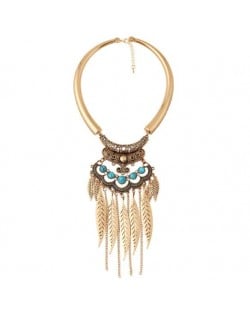 Alloy Leaves Tassel Fashion Resin Gems Decorated Folk Style Statement Necklace - Golden and Blue