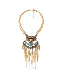 Alloy Leaves Tassel Fashion Resin Gems Decorated Folk Style Statement Necklace - Golden and Blue