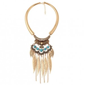 Alloy Leaves Tassel Fashion Resin Gems Decorated Folk Style Statement Necklace - Golden and Blue