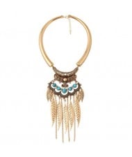 Alloy Leaves Tassel Fashion Resin Gems Decorated Folk Style Statement Necklace - Golden and Blue