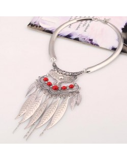 Alloy Leaves Tassel Fashion Resin Gems Decorated Folk Style Statement Necklace - Silver and Red