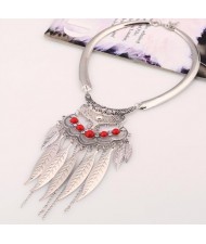 Alloy Leaves Tassel Fashion Resin Gems Decorated Folk Style Statement Necklace - Silver and Red