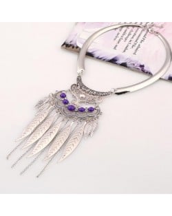 Alloy Leaves Tassel Fashion Resin Gems Decorated Folk Style Statement Necklace - Silver and Purple