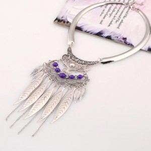 Alloy Leaves Tassel Fashion Resin Gems Decorated Folk Style Statement Necklace - Silver and Purple