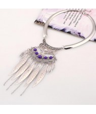 Alloy Leaves Tassel Fashion Resin Gems Decorated Folk Style Statement Necklace - Silver and Purple