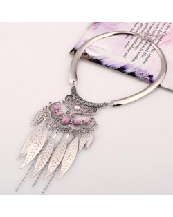 Alloy Leaves Tassel Fashion Resin Gems Decorated Folk Style Statement Necklace - Silver and Pink