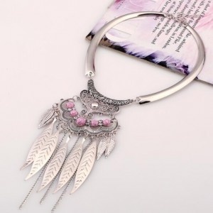 Alloy Leaves Tassel Fashion Resin Gems Decorated Folk Style Statement Necklace - Silver and Pink