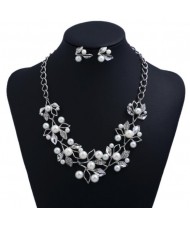 Artificial Pearl Inlaid Hollow Leaves Alloy Fashion Costume Necklace and Earrings Set