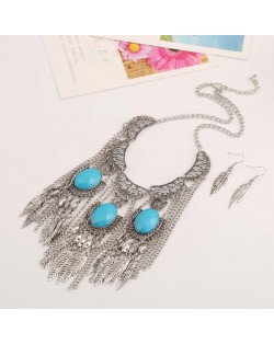 Resin Gems Inlaid Zinc Alloy Vintage Leaves Tassel Fashion Chunky Necklace and Earrings Set - Silver