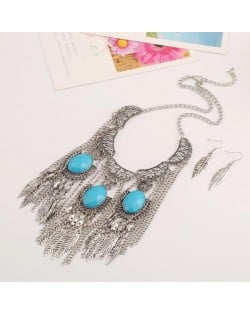 Resin Gems Inlaid Zinc Alloy Vintage Leaves Tassel Fashion Chunky Necklace and Earrings Set - Silver