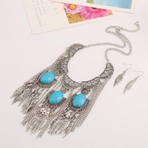 Resin Gems Inlaid Zinc Alloy Vintage Leaves Tassel Fashion Chunky Necklace and Earrings Set - Silver