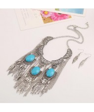 Resin Gems Inlaid Zinc Alloy Vintage Leaves Tassel Fashion Chunky Necklace and Earrings Set - Silver