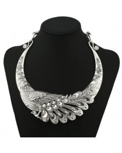 Vivid Peacock Engraving Vintage Style High Fashion Silver Chunky Necklace