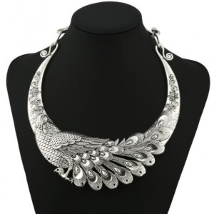 Vivid Peacock Engraving Vintage Style High Fashion Silver Chunky Necklace