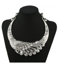 Vivid Peacock Engraving Vintage Style High Fashion Silver Chunky Necklace