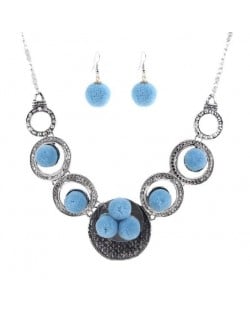 Fluffy Balls Attached Vintage Alloy Fashion Necklace and Earrings Set - Blue