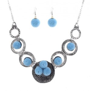 Fluffy Balls Attached Vintage Alloy Fashion Necklace and Earrings Set - Blue